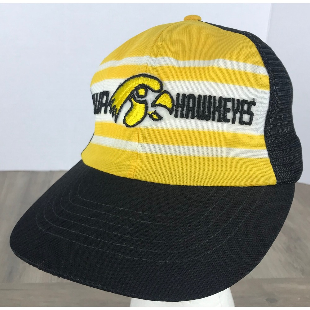Iowa Hawkeyes Hat ~ Yellow Black ~ SnapBack Mesh Trucker S/M Embroidered Vtg 80s